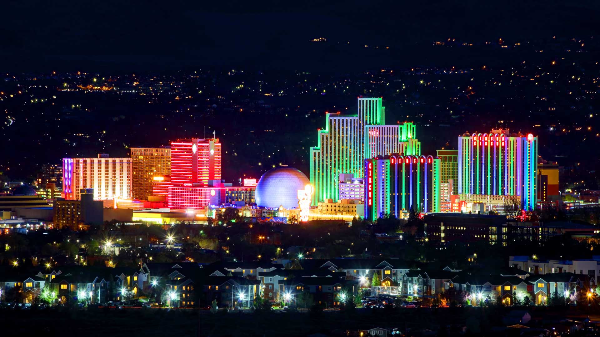 Nightime skyline in Reno, Nevada