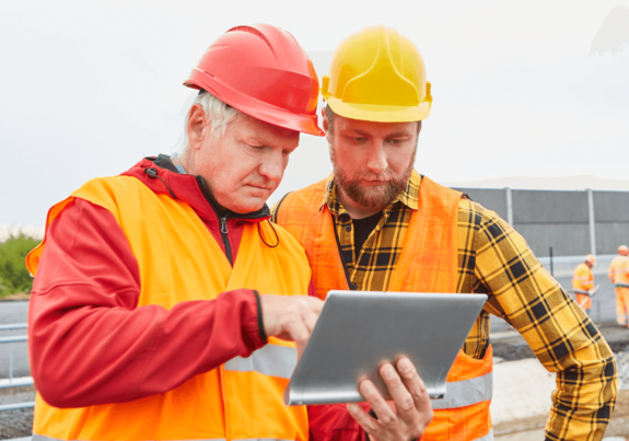 Men in construction gear looking at tablet