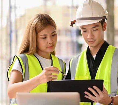 Student construction interns working on a project together