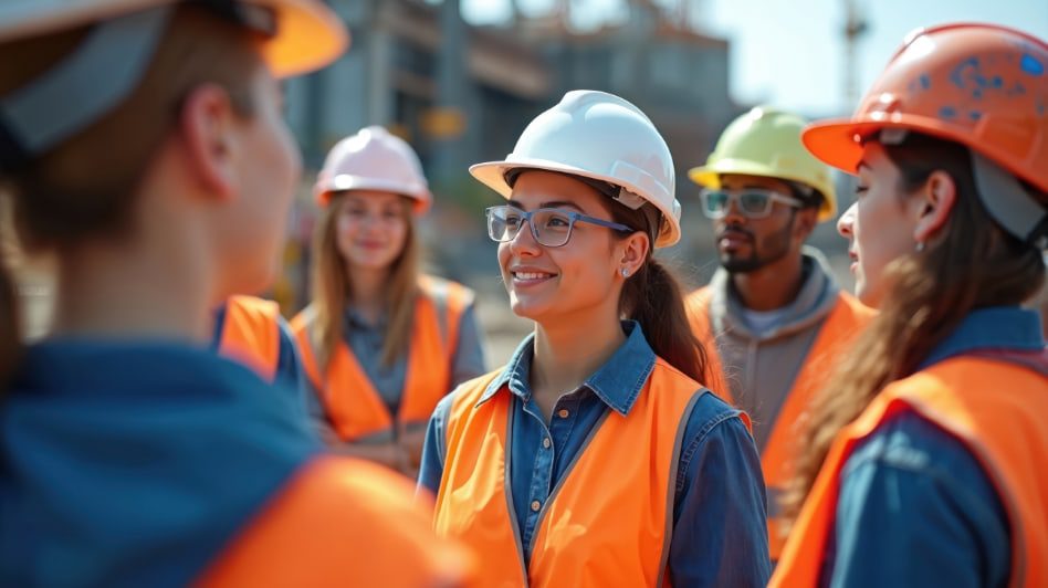 Young woman construction professional talking to co-workers