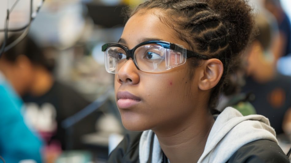 Student wearing safety goggles in science class