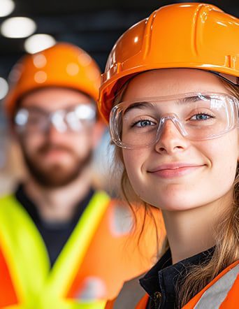 Student construction intern in a hard hat and safety glasses