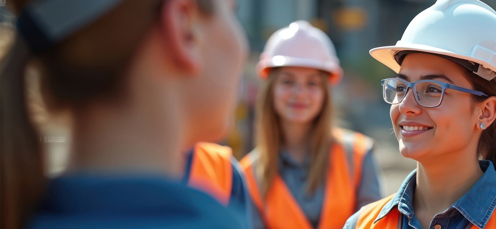 Young woman construction professional talking to co-workers