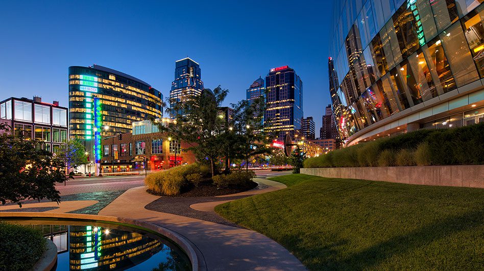 A nighttime shot of the Kansas City skyline