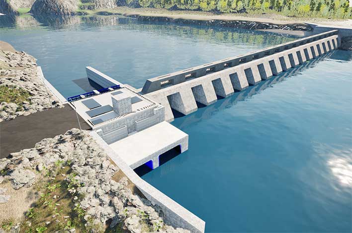 rendering of a precast concrete hydroelectric dam across a river