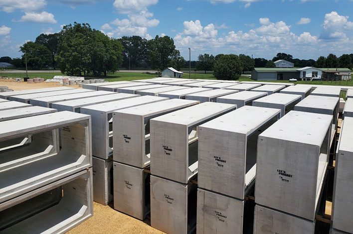 Box culverts are stacked in Lee's Precast yard.