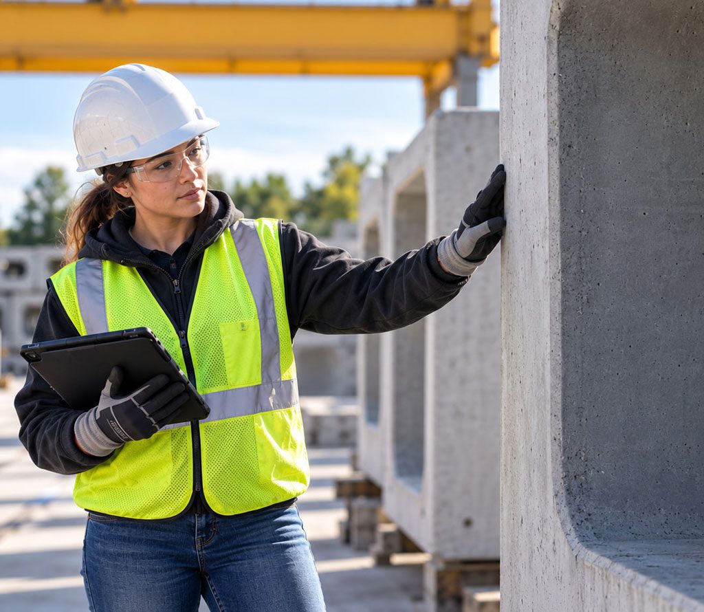 Woman in construction gear looking at a concrete structure